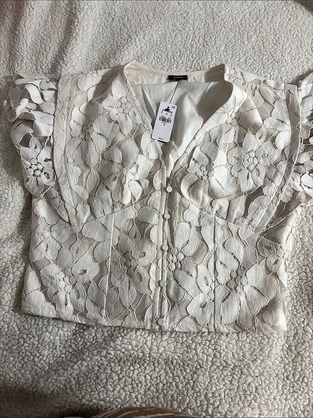 Express Lace Short Sleeve Button Up Shirt Floral Blouse in Cream Size Medium